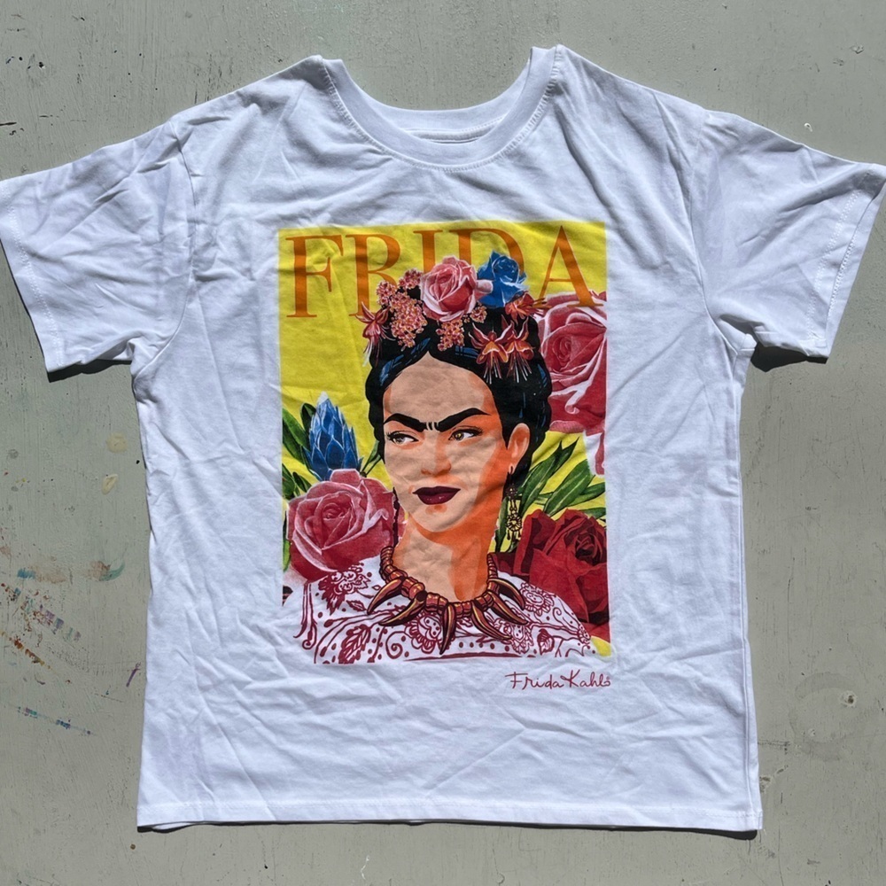 Women's Frida Kahlo T-Shirt White Face Portrait S Mexican Art Icon Artist Eyes